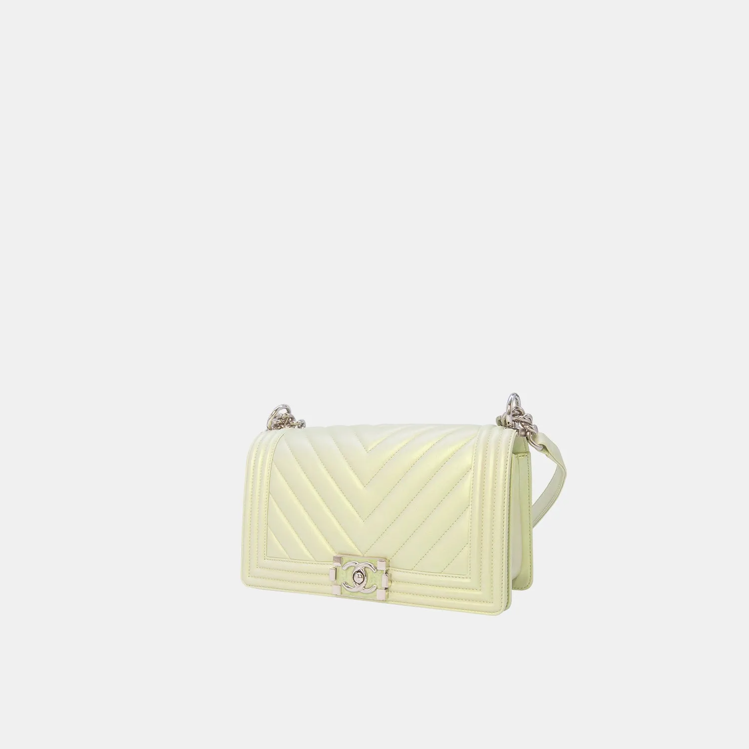 Chanel Medium Boy Flap in Iridescent Green Lambskin Chevron Quilted with Sliver Hardware