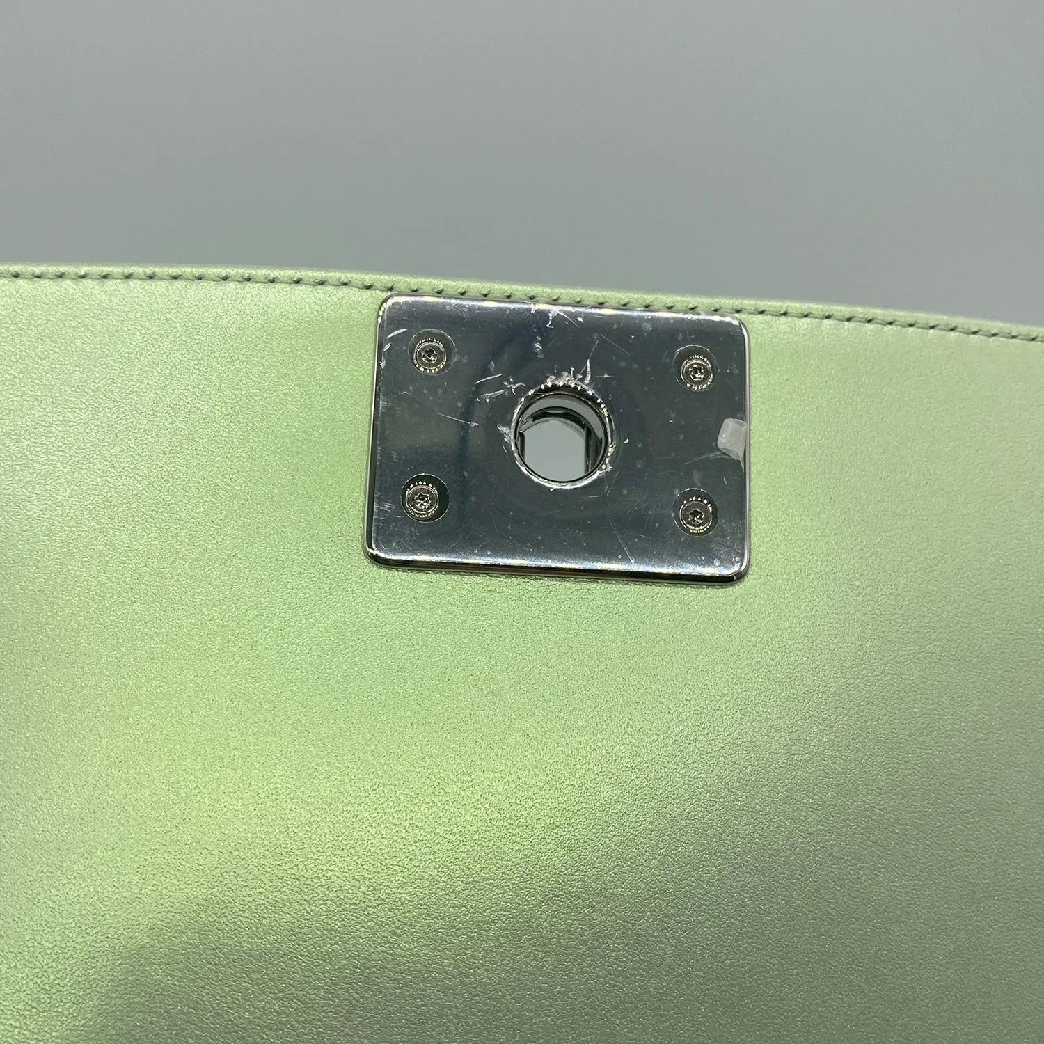 Chanel Medium Boy Flap in Iridescent Green Lambskin Chevron Quilted with Sliver Hardware