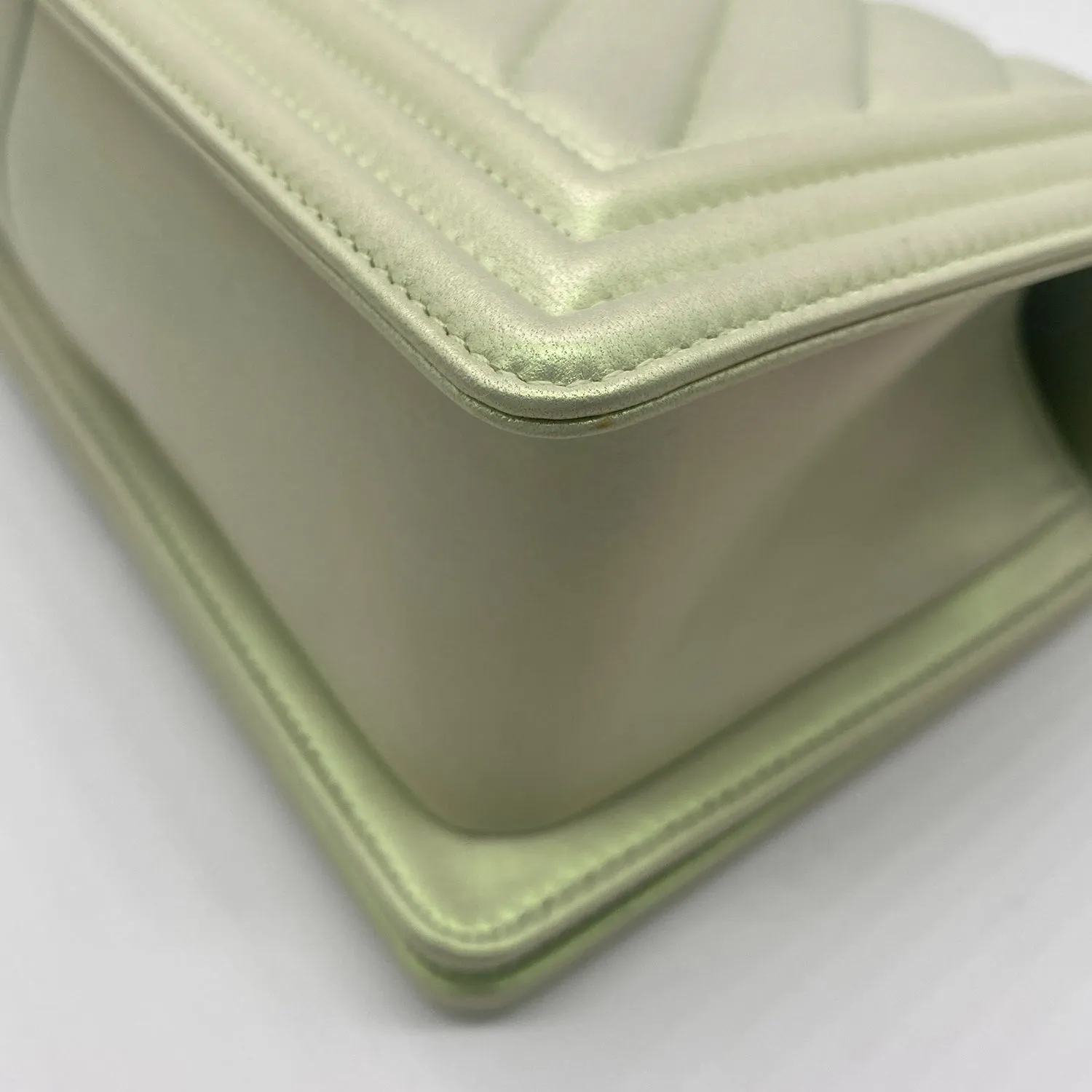 Chanel Medium Boy Flap in Iridescent Green Lambskin Chevron Quilted with Sliver Hardware
