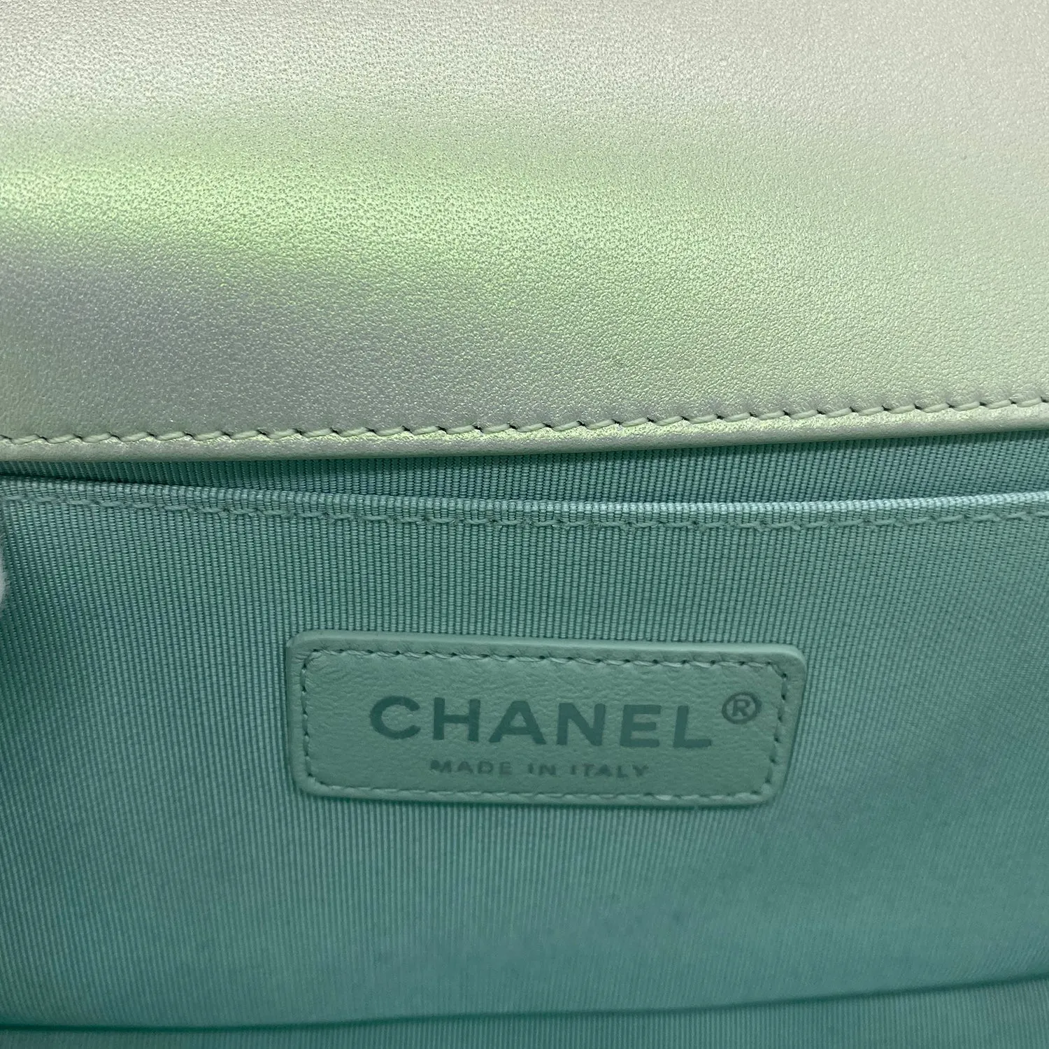 Chanel Medium Boy Flap in Iridescent Green Lambskin Chevron Quilted with Sliver Hardware