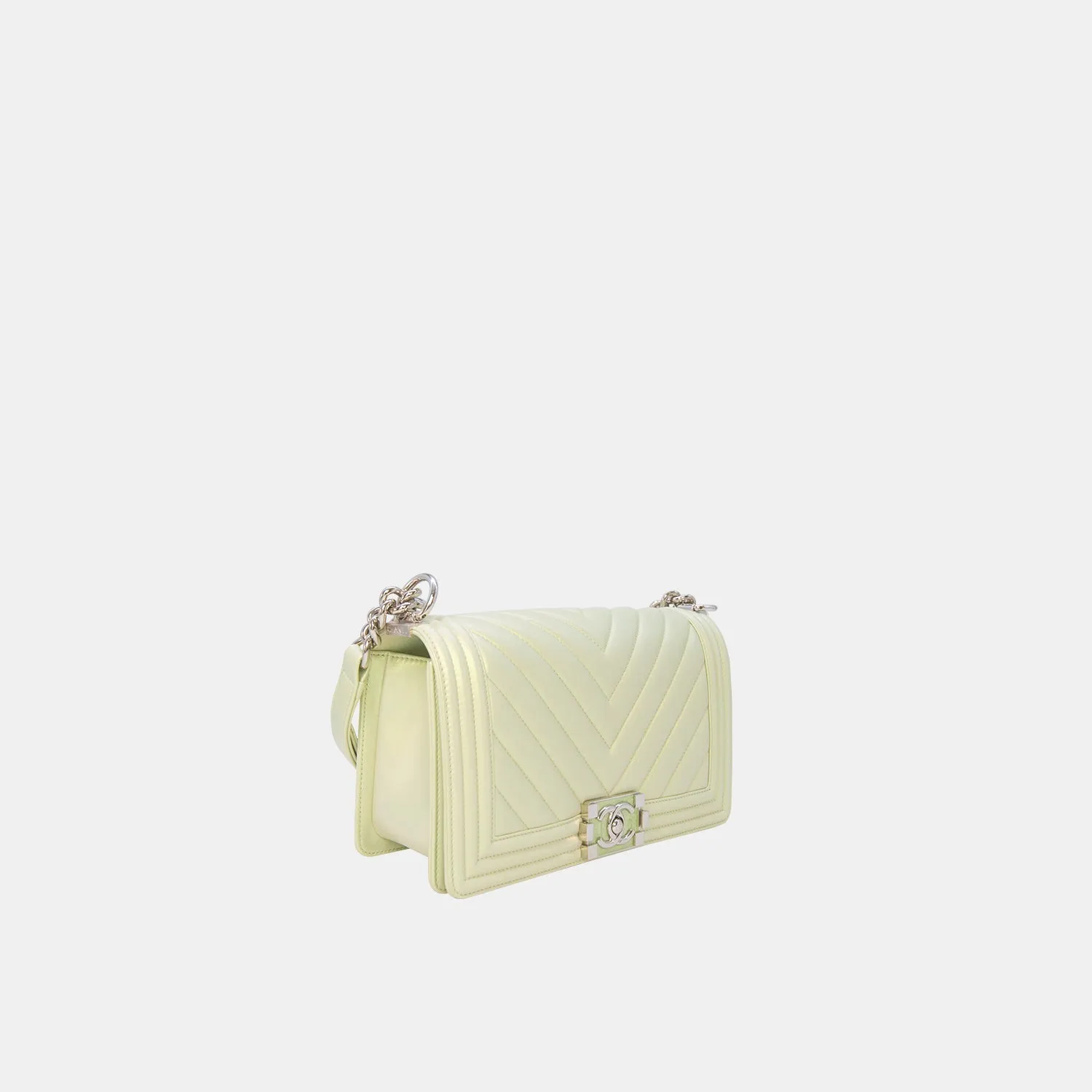 Chanel Medium Boy Flap in Iridescent Green Lambskin Chevron Quilted with Sliver Hardware