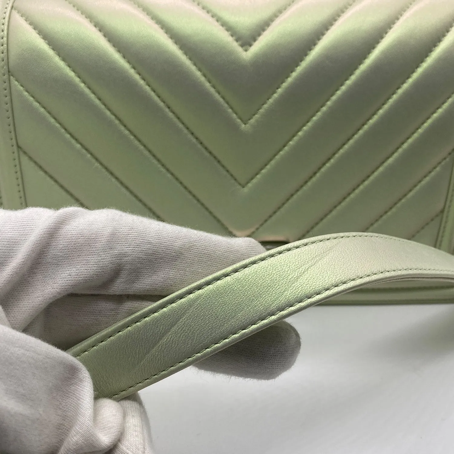 Chanel Medium Boy Flap in Iridescent Green Lambskin Chevron Quilted with Sliver Hardware