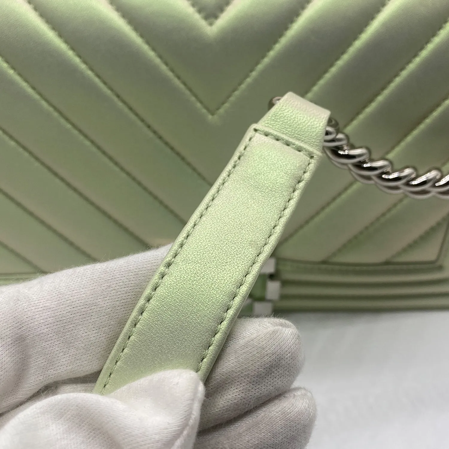 Chanel Medium Boy Flap in Iridescent Green Lambskin Chevron Quilted with Sliver Hardware