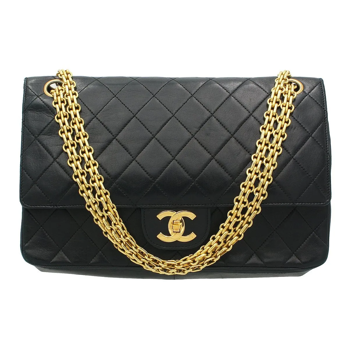 Chanel Vintage Double Flap Chain Shoulder Bag Black Lambskin