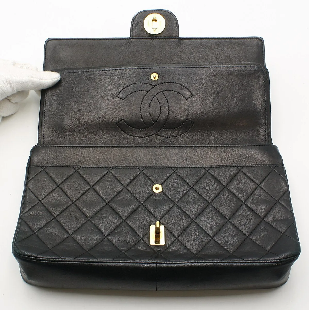 Chanel Vintage Double Flap Chain Shoulder Bag Black Lambskin