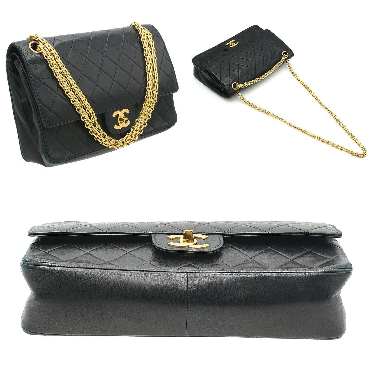 Chanel Vintage Double Flap Chain Shoulder Bag Black Lambskin