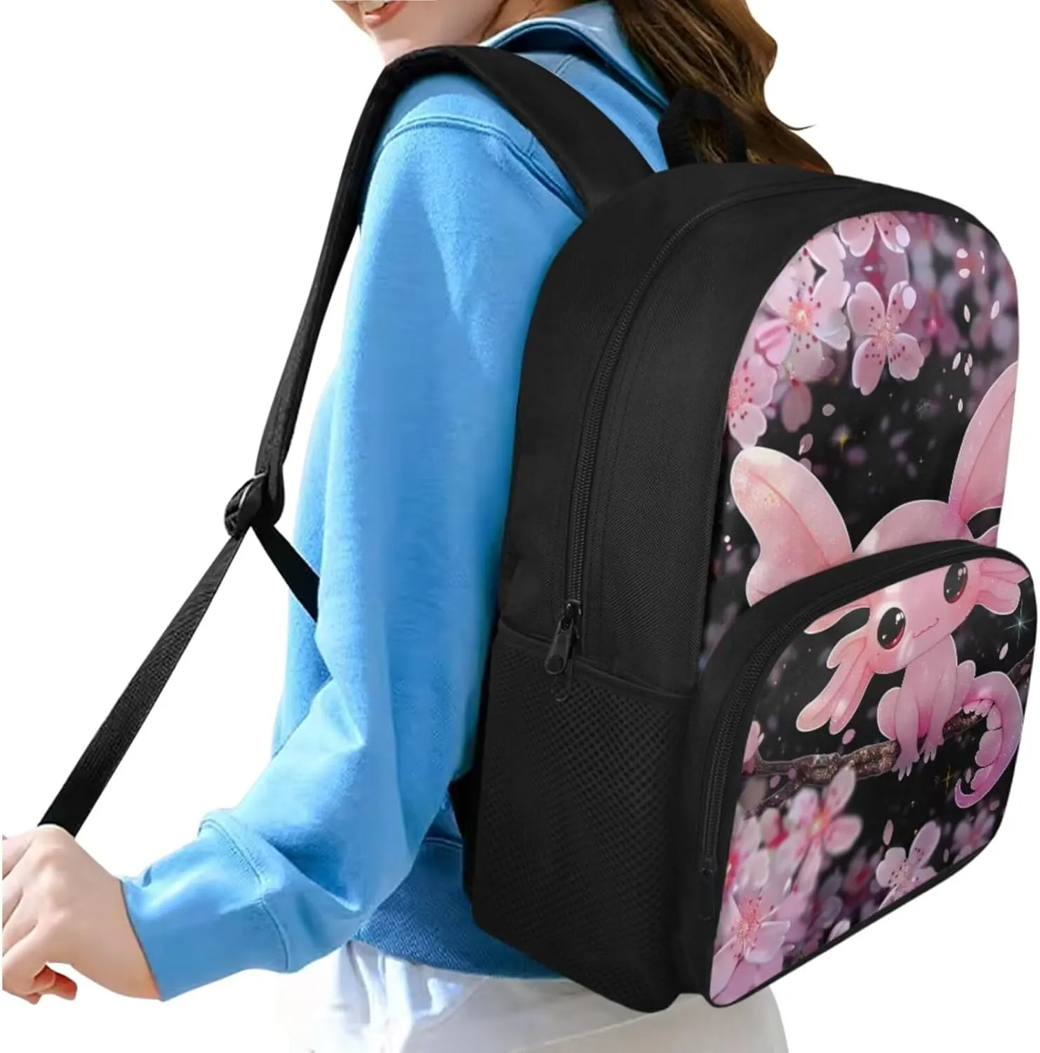 Cherry Blossom Bookbag and Lunch Box Set for Girls Salamander Backpack for Girls Boys Bookbag with Lunch Box Pencil bag for Elementary Middle School Bags Travel Back Packs