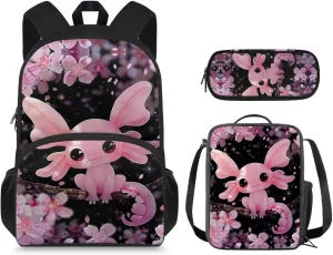 Cherry Blossom Bookbag and Lunch Box Set for Girls Salamander Backpack for Girls Boys Bookbag with Lunch Box Pencil bag for Elementary Middle School Bags Travel Back Packs