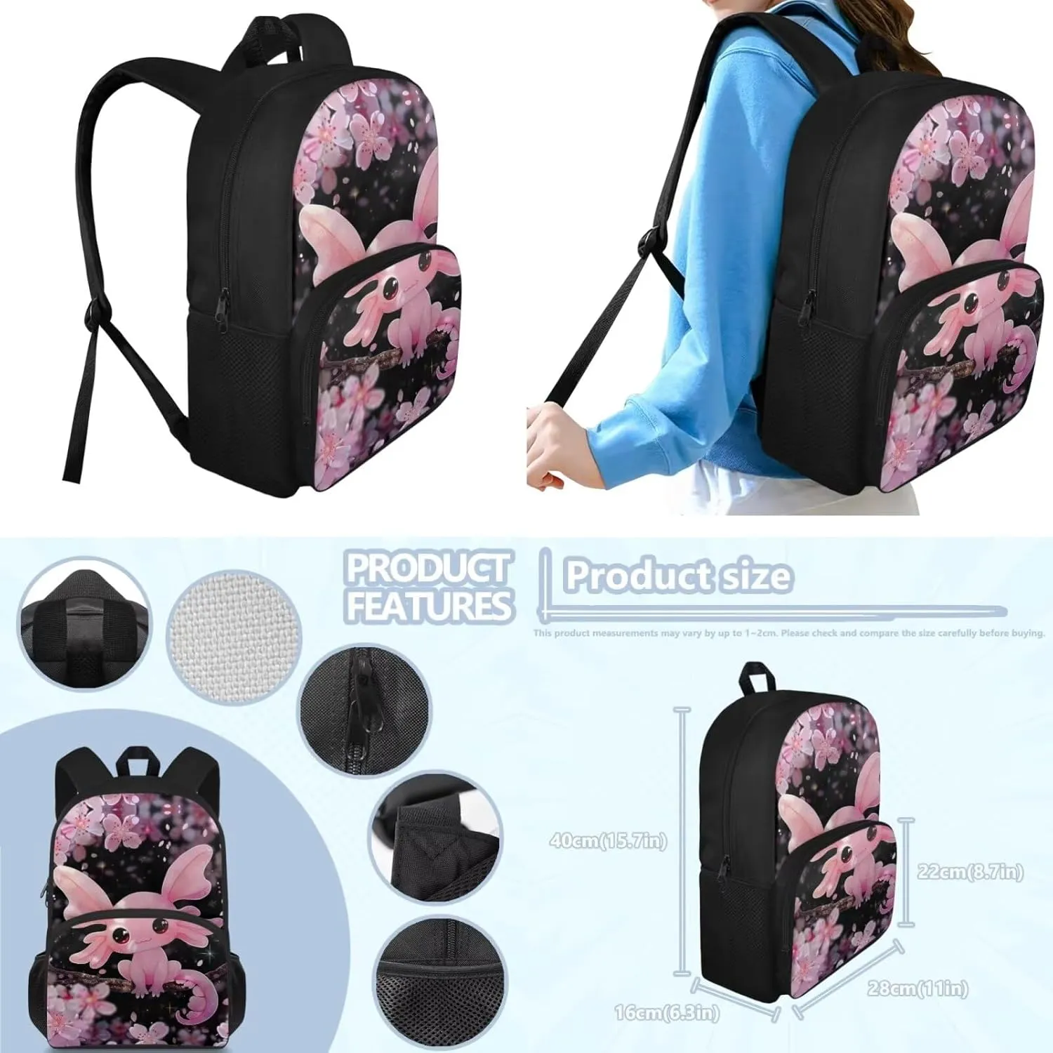 Cherry Blossom Bookbag and Lunch Box Set for Girls Salamander Backpack for Girls Boys Bookbag with Lunch Box Pencil bag for Elementary Middle School Bags Travel Back Packs