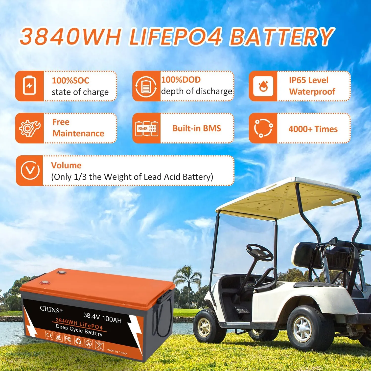 CHINS 36 Volt 100AH Lithium Battery for Golf Cart with 36V 25A Charger, Monitor, Built-in Bluetooth 200A BMS, 36V Golf Cart Battery with 7.68kW Output