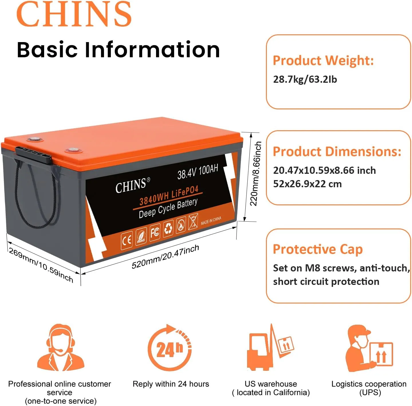 CHINS 36 Volt 100AH Lithium Battery for Golf Cart with 36V 25A Charger, Monitor, Built-in Bluetooth 200A BMS, 36V Golf Cart Battery with 7.68kW Output