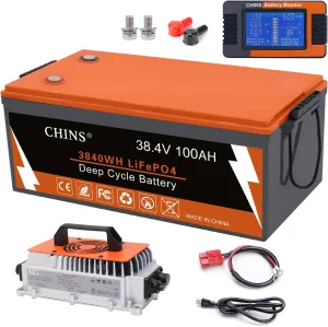 CHINS 36 Volt 100AH Lithium Battery for Golf Cart with 36V 25A Charger, Monitor, Built-in Bluetooth 200A BMS, 36V Golf Cart Battery with 7.68kW Output