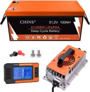 CHINS 48V 100Ah Lithium Golf Cart Battery, Includes 48V 18A Charger, Monitor, Built-in Smart 200A BMS, 48V Lithium Battery Perfect for Golf Cart
