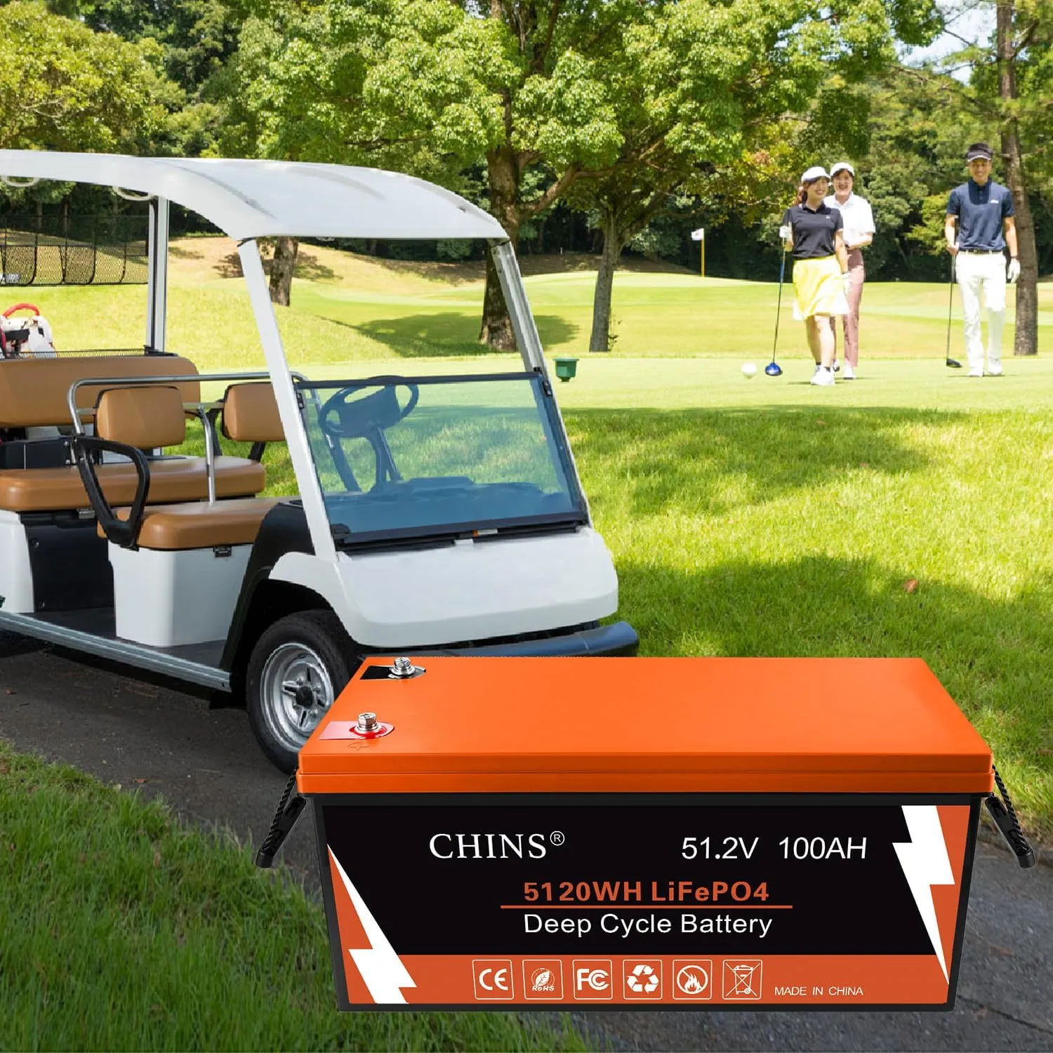CHINS 48V 100Ah Lithium Golf Cart Battery, Includes 48V 18A Charger, Monitor, Built-in Smart 200A BMS, 48V Lithium Battery Perfect for Golf Cart