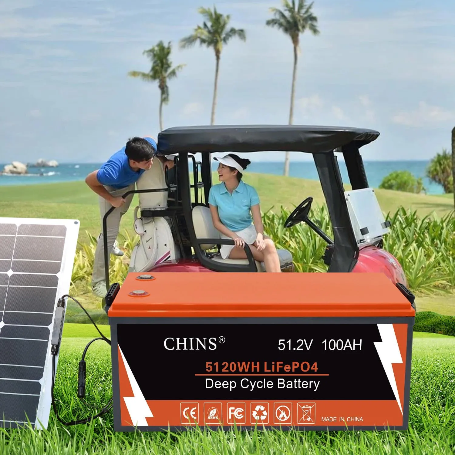 CHINS 48V 100Ah Lithium Golf Cart Battery, Includes 48V 18A Charger, Monitor, Built-in Smart 200A BMS, 48V Lithium Battery Perfect for Golf Cart