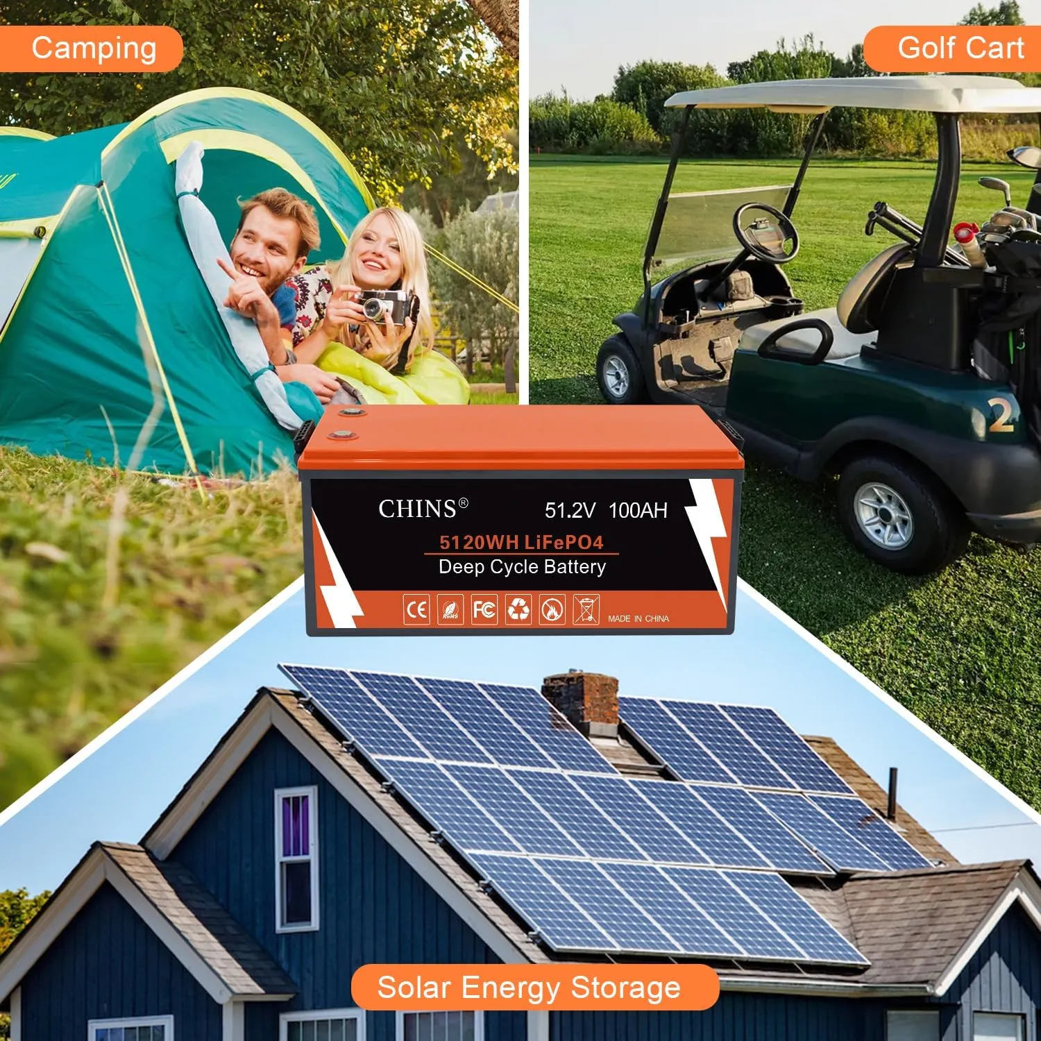 CHINS 48V 100Ah Lithium Golf Cart Battery, Includes 48V 18A Charger, Monitor, Built-in Smart 200A BMS, 48V Lithium Battery Perfect for Golf Cart