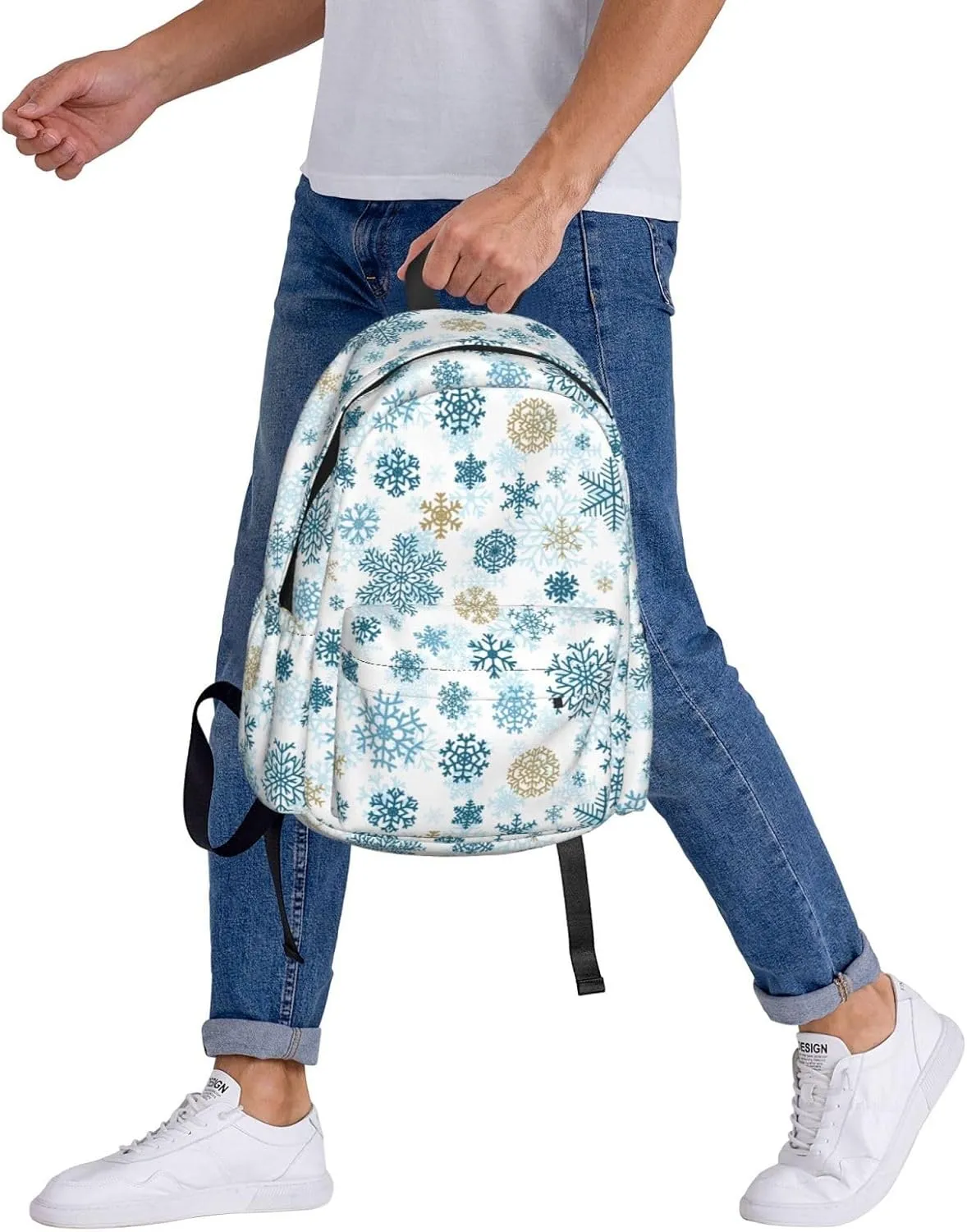 Christmas Snowflakes Golden Blue Backpack Casual Laptop Backpack Large Capacity Double Shoulder Bag Travel Daypack For Women Men
