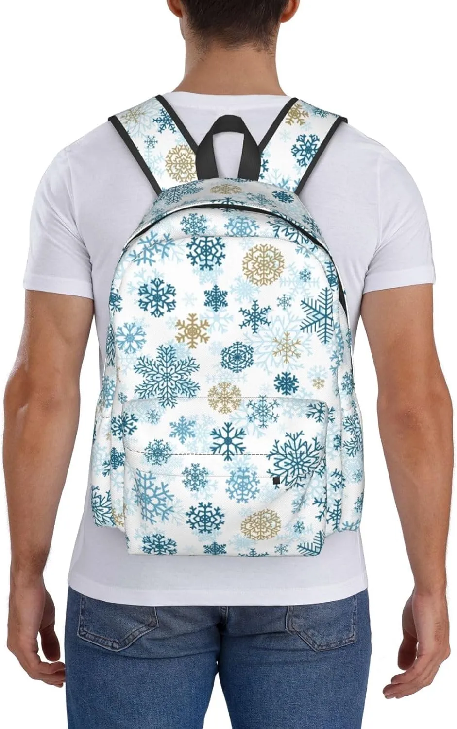 Christmas Snowflakes Golden Blue Backpack Casual Laptop Backpack Large Capacity Double Shoulder Bag Travel Daypack For Women Men