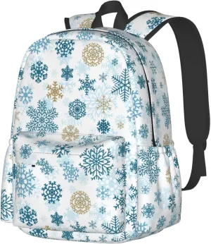 Christmas Snowflakes Golden Blue Backpack Casual Laptop Backpack Large Capacity Double Shoulder Bag Travel Daypack For Women Men