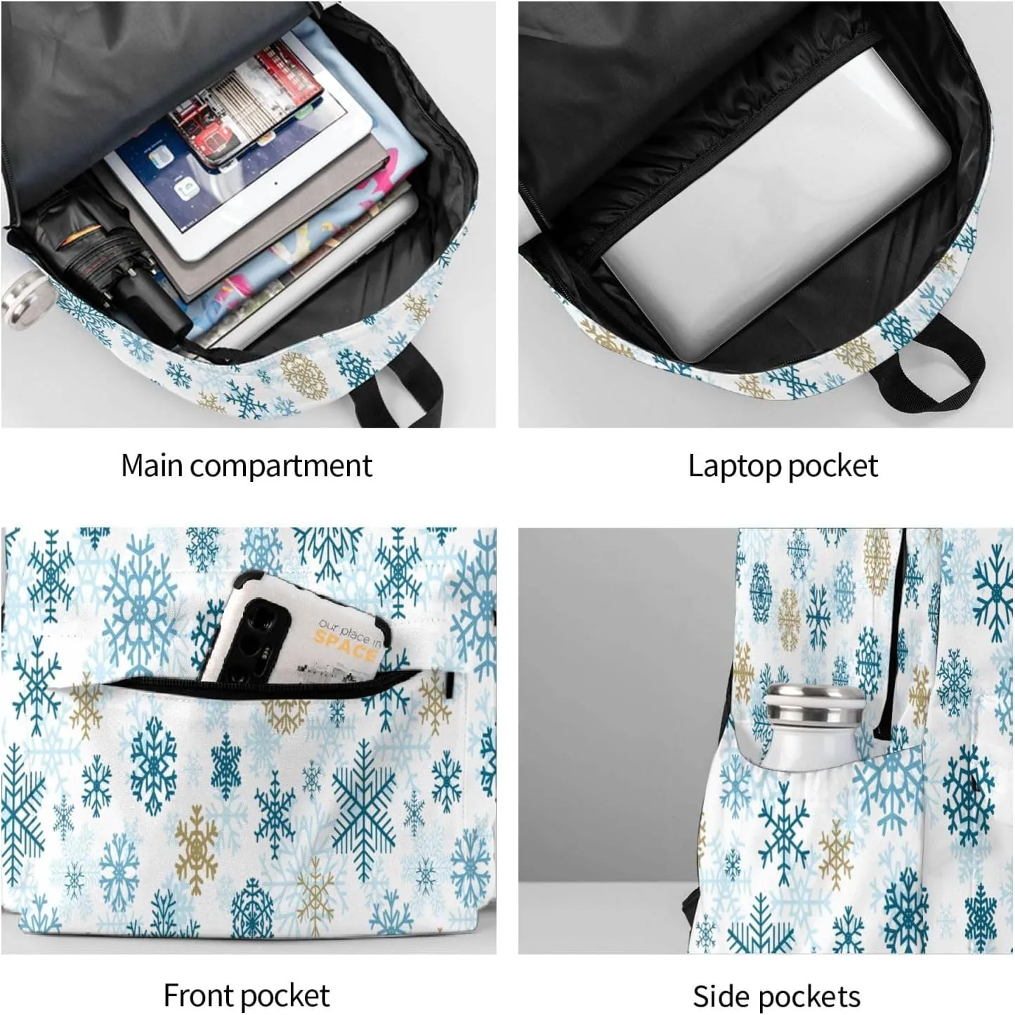Christmas Snowflakes Golden Blue Backpack Casual Laptop Backpack Large Capacity Double Shoulder Bag Travel Daypack For Women Men