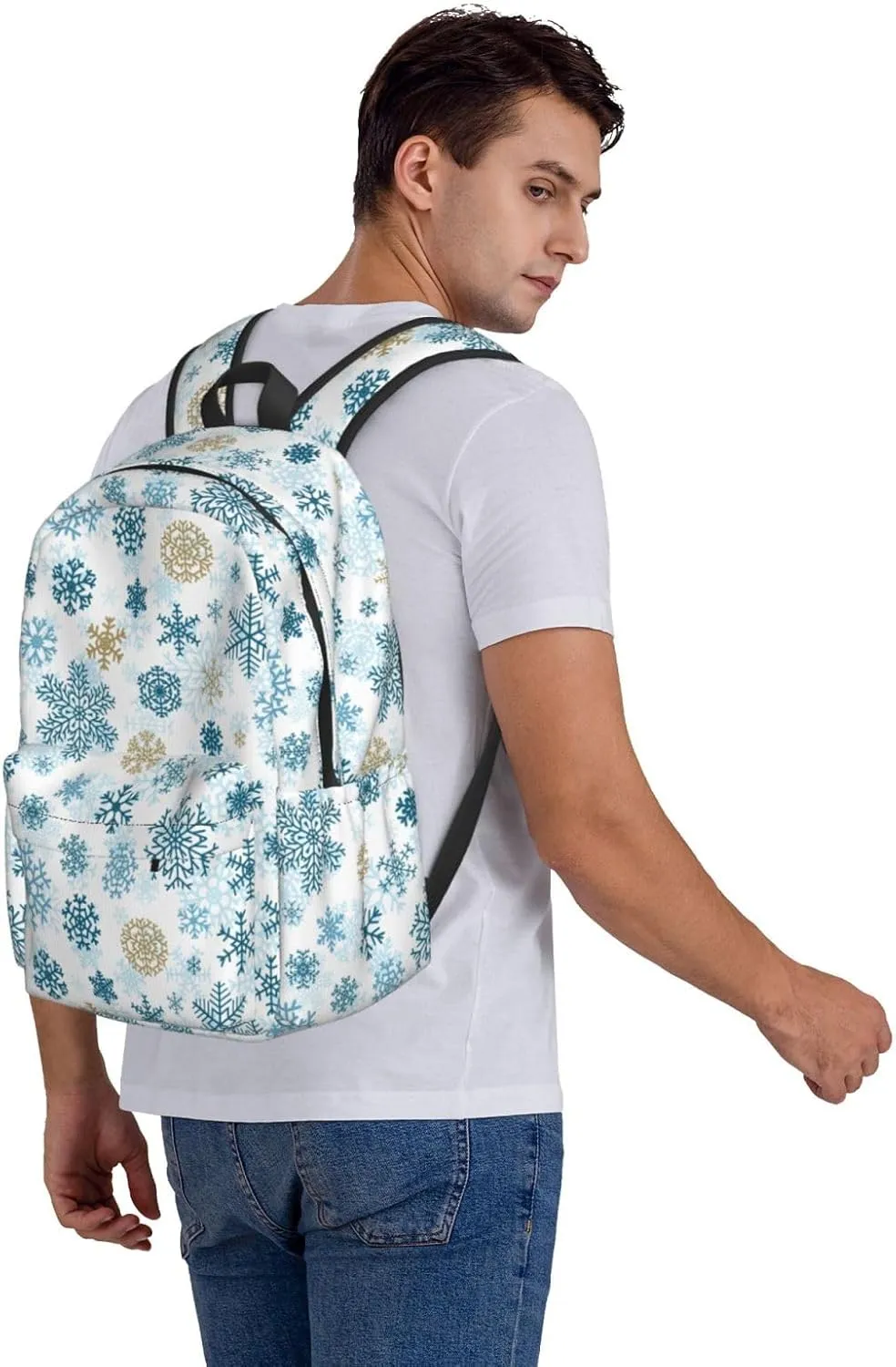 Christmas Snowflakes Golden Blue Backpack Casual Laptop Backpack Large Capacity Double Shoulder Bag Travel Daypack For Women Men