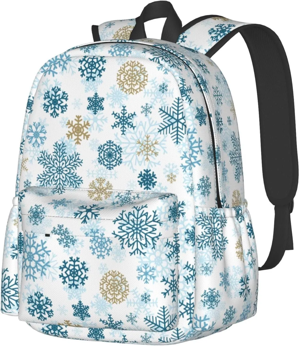 Christmas Snowflakes Golden Blue Backpack Casual Laptop Backpack Large Capacity Double Shoulder Bag Travel Daypack For Women Men