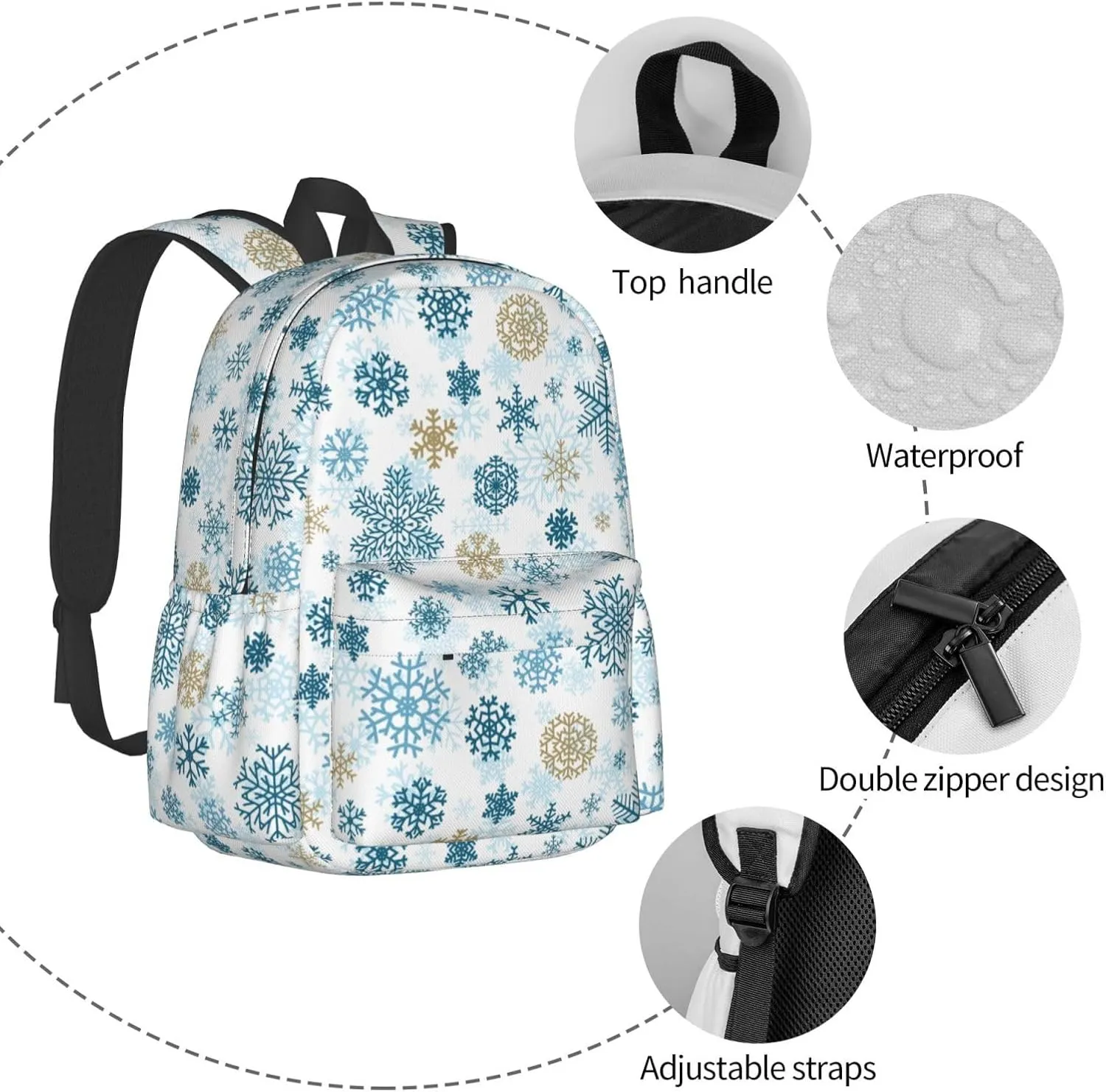 Christmas Snowflakes Golden Blue Backpack Casual Laptop Backpack Large Capacity Double Shoulder Bag Travel Daypack For Women Men