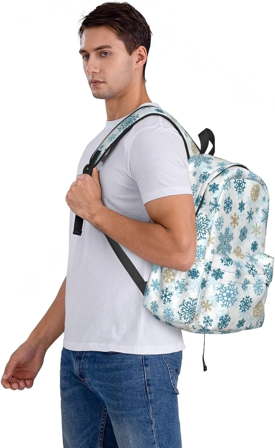 Christmas Snowflakes Golden Blue Backpack Casual Laptop Backpack Large Capacity Double Shoulder Bag Travel Daypack For Women Men