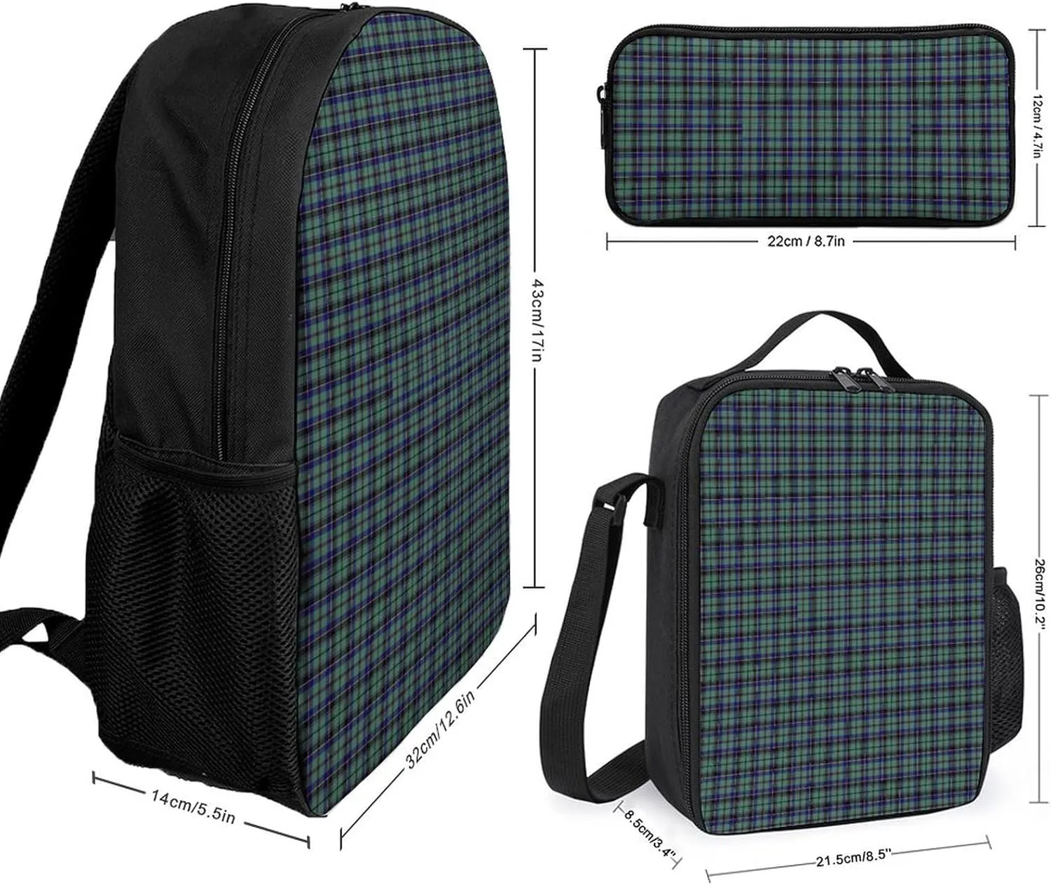 Clan Stevenson Tartan 17 Inch Backpack Diagonal Lunch Bag Pencil Case Set Unisex