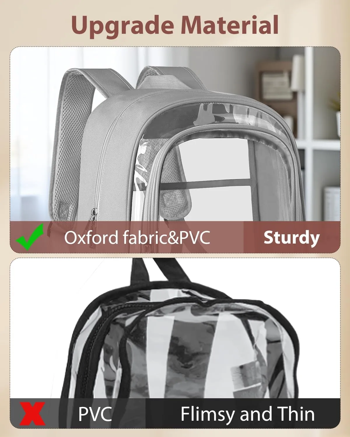 Clear Backpack, Fabric & PVC Transparent Backpack with Reinforced Strap for Women Men, Heavy Duty Transparent Bookbag, Large Capacity Clear Bag, Travel, X-Large Grey
