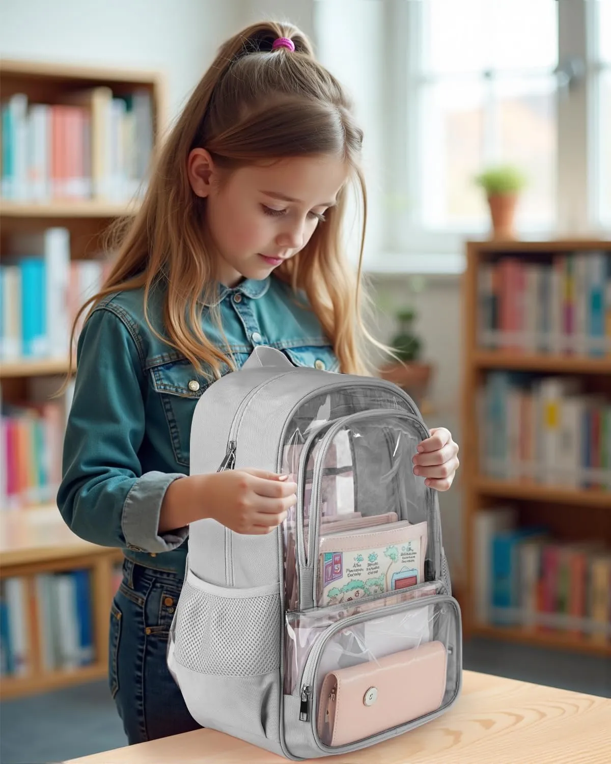 Clear Backpack, Fabric & PVC Transparent Backpack with Reinforced Strap for Women Men, Heavy Duty Transparent Bookbag, Large Capacity Clear Bag, Travel, X-Large Grey