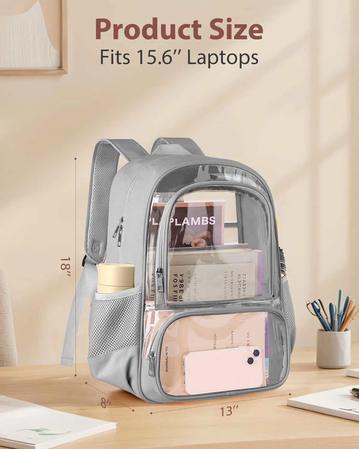 Clear Backpack, Fabric & PVC Transparent Backpack with Reinforced Strap for Women Men, Heavy Duty Transparent Bookbag, Large Capacity Clear Bag, Travel, X-Large Grey