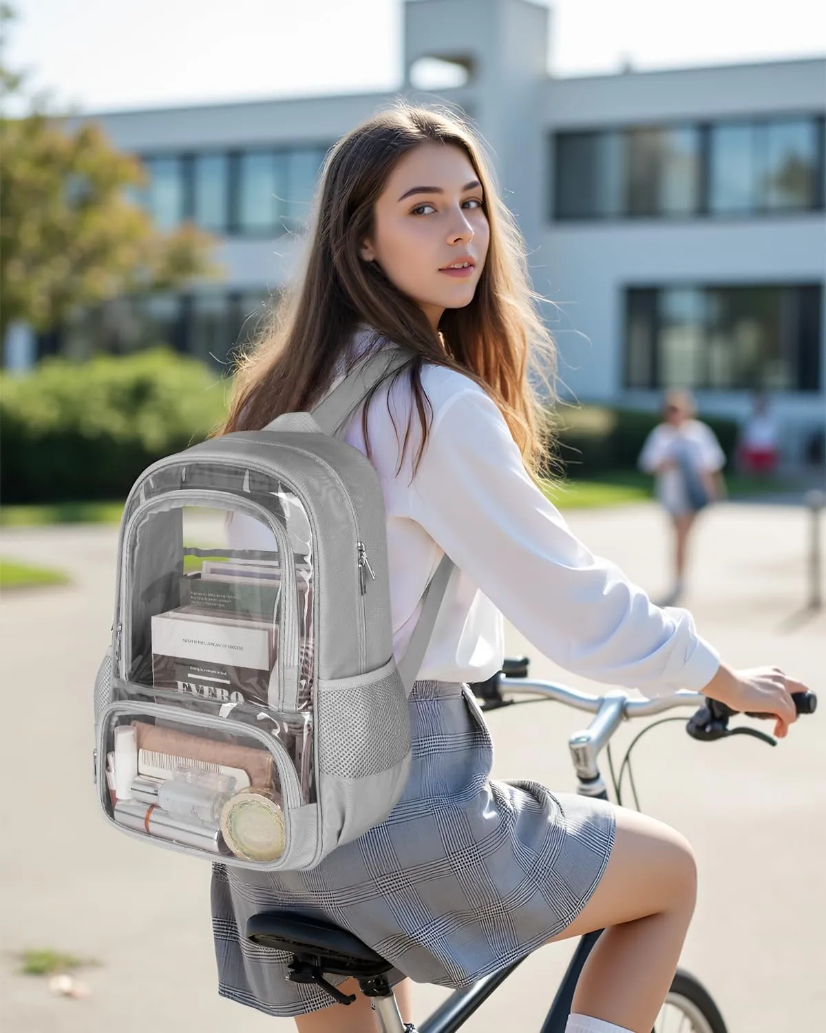 Clear Backpack, Fabric & PVC Transparent Backpack with Reinforced Strap for Women Men, Heavy Duty Transparent Bookbag, Large Capacity Clear Bag, Travel, X-Large Grey