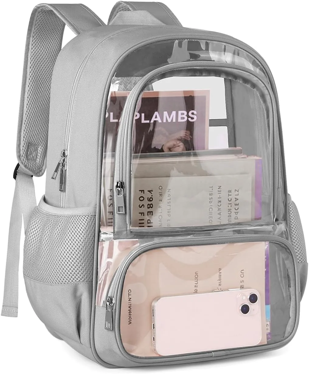 Clear Backpack, Fabric & PVC Transparent Backpack with Reinforced Strap for Women Men, Heavy Duty Transparent Bookbag, Large Capacity Clear Bag, Travel, X-Large Grey