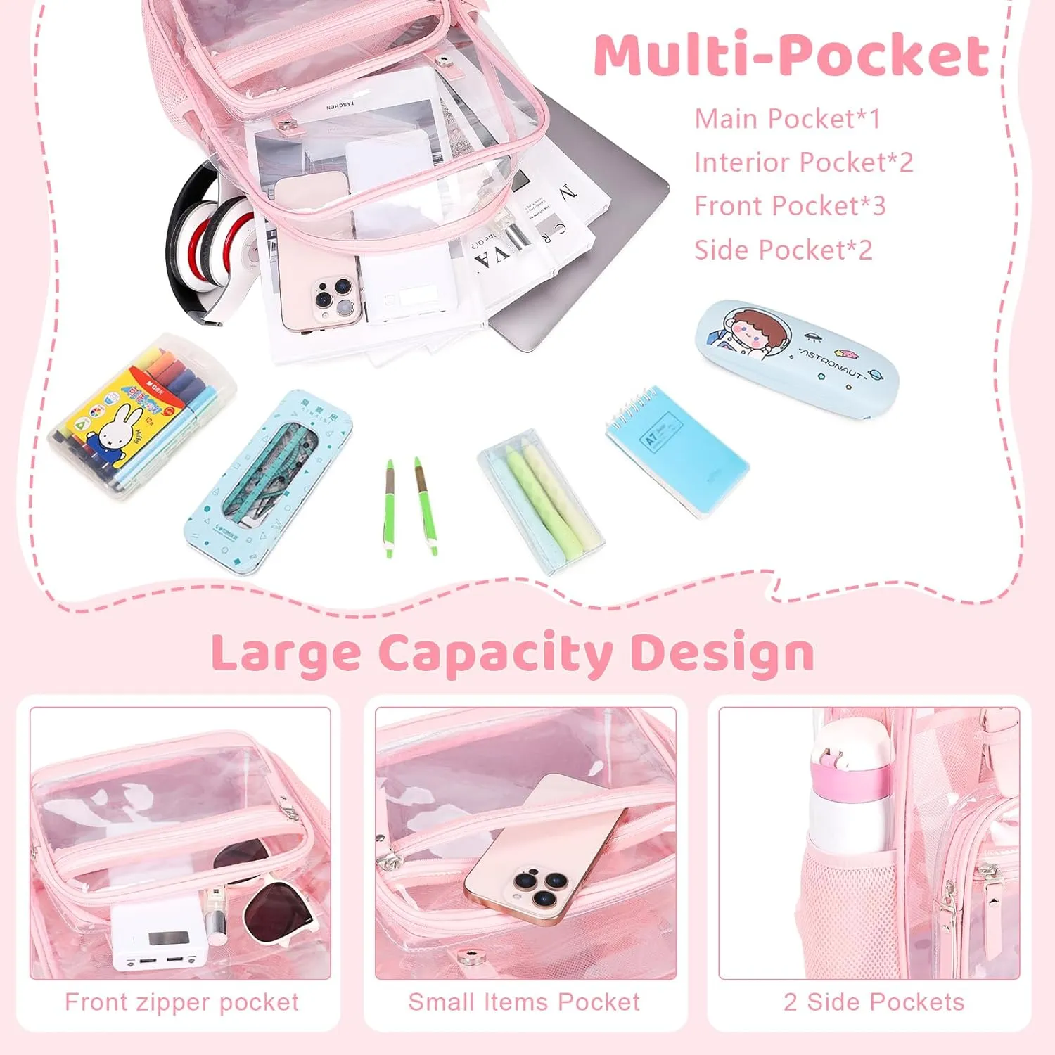 Clear Backpack Heavy Duty Thick - Clear Bookbag with Lunch Bag Set for School See Through PVC Transparent Backpacks for College Travel Work Girls Women (Pink)