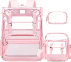 Clear Backpack Heavy Duty Thick - Clear Bookbag with Lunch Bag Set for School See Through PVC Transparent Backpacks for College Travel Work Girls Women (Pink)