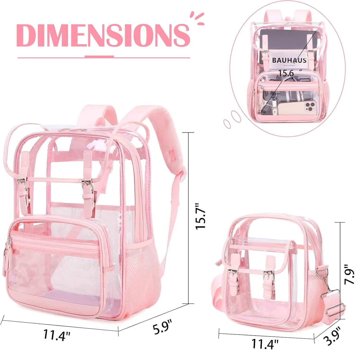 Clear Backpack Heavy Duty Thick - Clear Bookbag with Lunch Bag Set for School See Through PVC Transparent Backpacks for College Travel Work Girls Women (Pink)