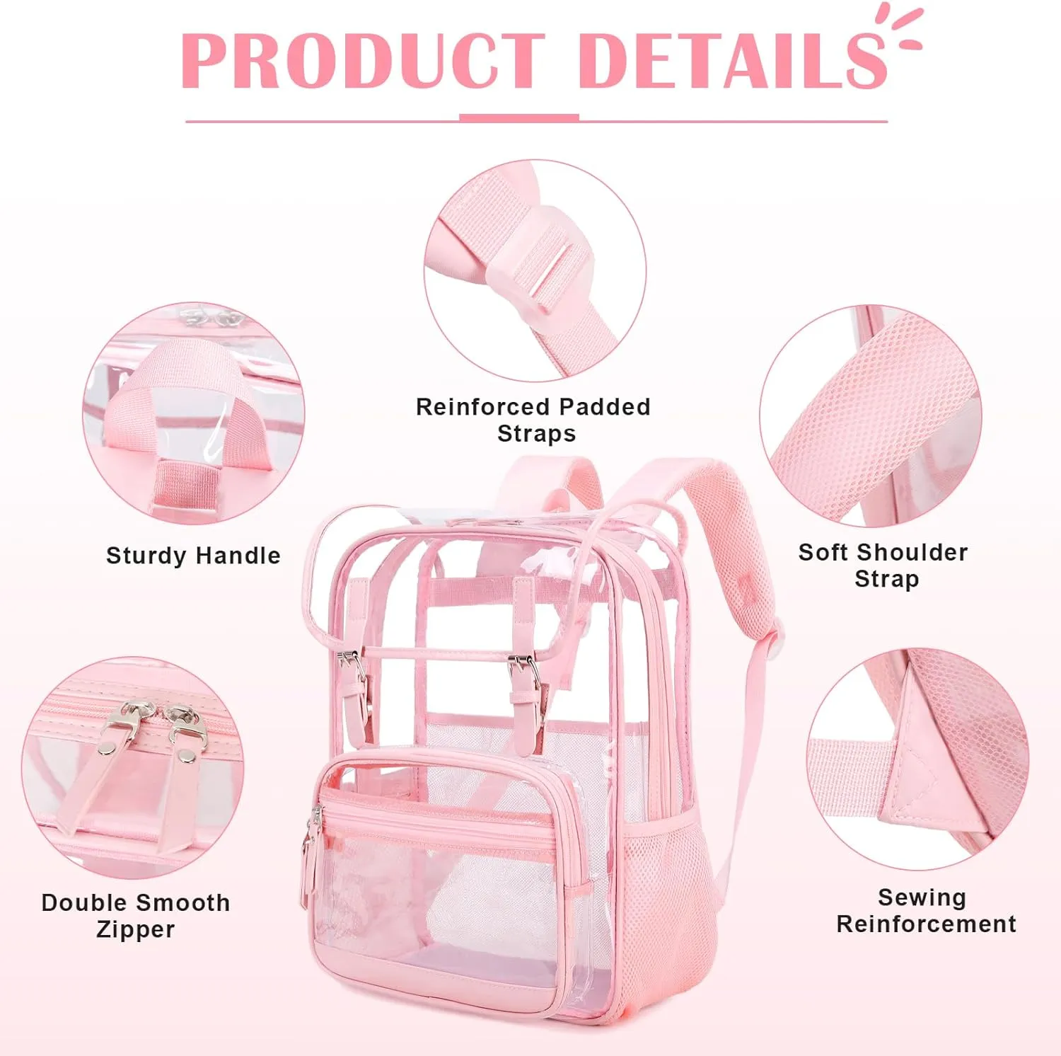 Clear Backpack Heavy Duty Thick - Clear Bookbag with Lunch Bag Set for School See Through PVC Transparent Backpacks for College Travel Work Girls Women (Pink)