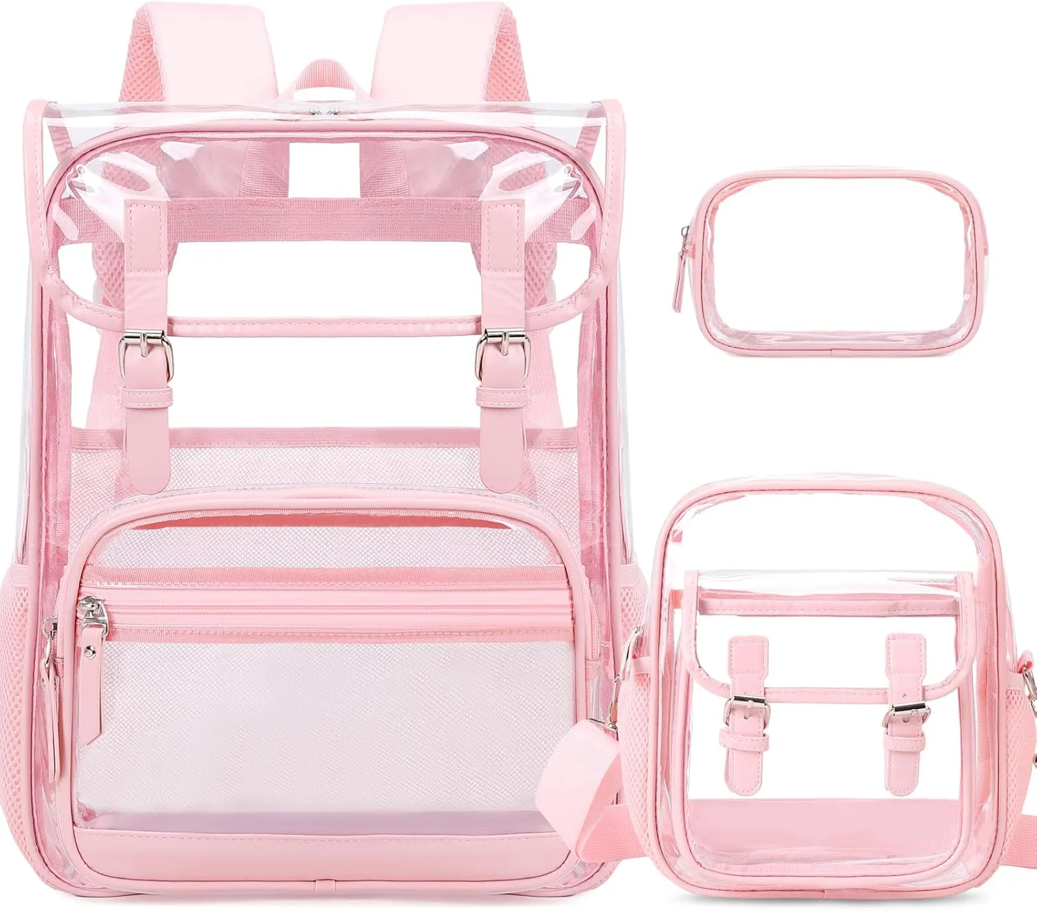 Clear Backpack Heavy Duty Thick - Clear Bookbag with Lunch Bag Set for School See Through PVC Transparent Backpacks for College Travel Work Girls Women (Pink)