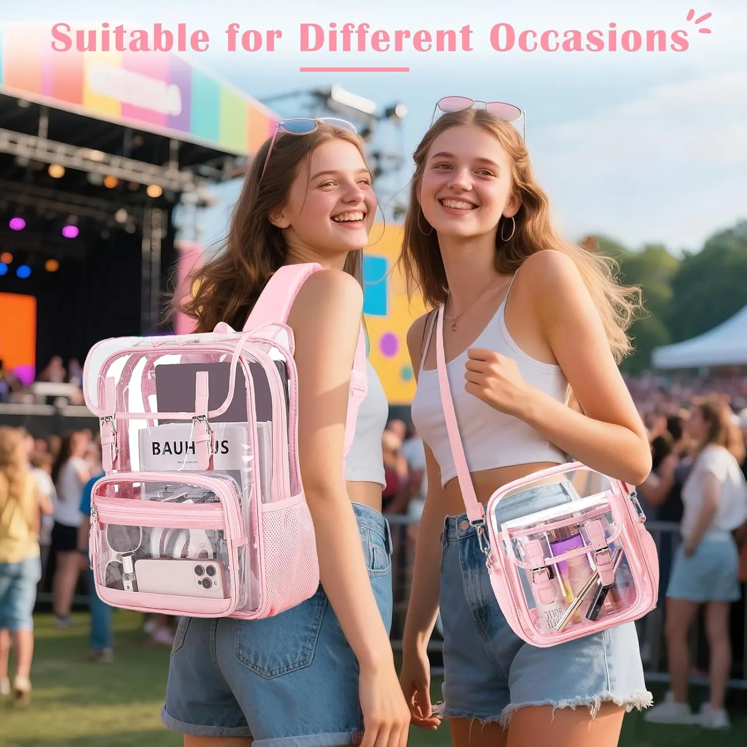 Clear Backpack Heavy Duty Thick - Clear Bookbag with Lunch Bag Set for School See Through PVC Transparent Backpacks for College Travel Work Girls Women (Pink)