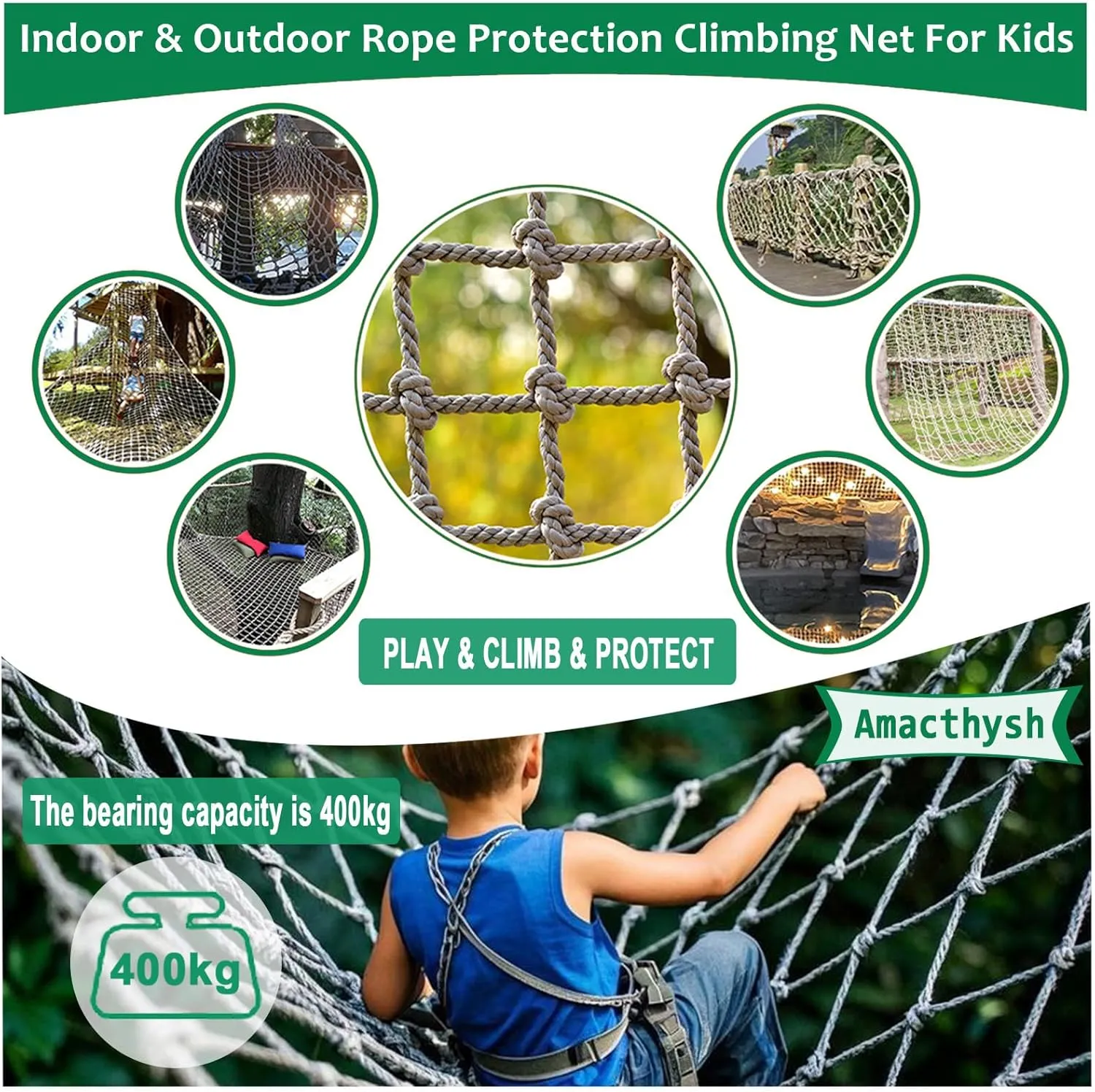Climbing Rope Net for Kids Safety Protective Net Heavy Duty Rope Cargo Net Outdoor Playground Climbing Net Railing Net Decor,13.1 * 16.4ft