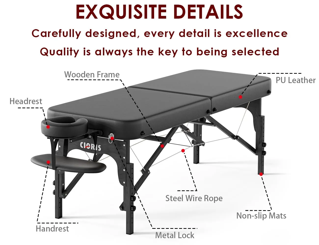 CLORIS 84" Professional Massage Table Portable Reinforced Wooden Leg 2 Folding Lightweight Spa Salon Tattoo Massage Bed Height Adjustable Hold Up to 1100LBS with Carrying Bag Black