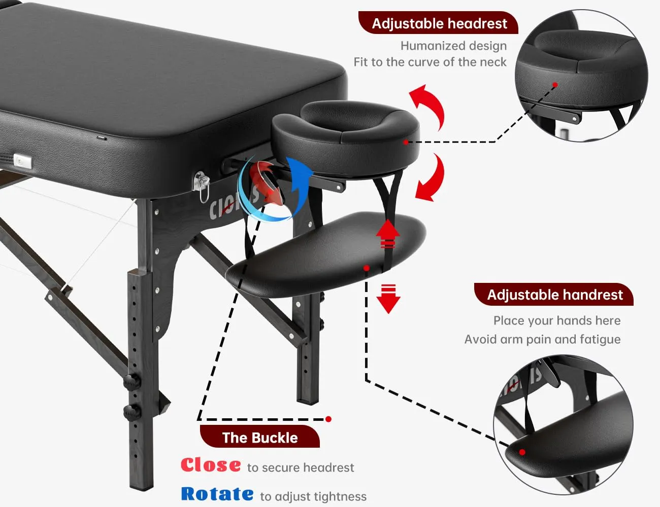 CLORIS 84" Professional Massage Table Portable Reinforced Wooden Leg 2 Folding Lightweight Spa Salon Tattoo Massage Bed Height Adjustable Hold Up to 1100LBS with Carrying Bag Black