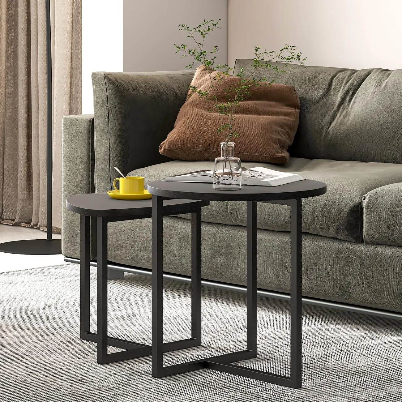Coffee Table Side Tables End Tables Living Room Set of 2,Round Coffee Table Small Coffee Table Decor for Bedroom,Modern & Sturdy Metal Frame & Wood Top,Easy Assembly,Black Coffee Table