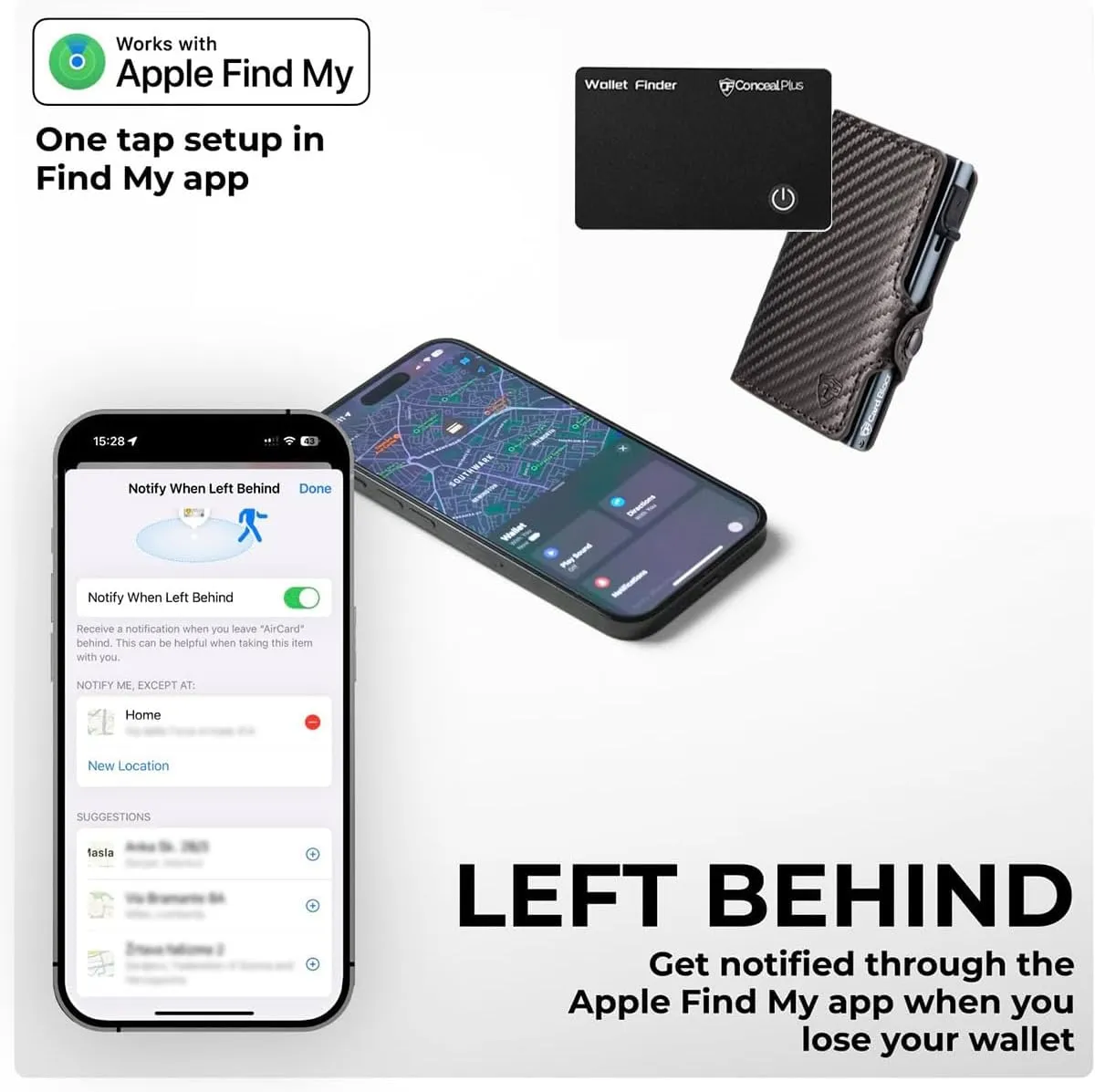 Conceal Plus Wallet Finder Slim Tracker, 5-Year Lithium Polymer Battery Life - Never Needs Charging, Track Wallet, Backpack, Luggage and More, Works with Apple Find My iOS Only (Android Not Supported)