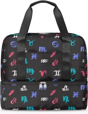 Constellation Symbols Travel Bag Double Tier Zip Closure Weekender Bag with Leather Handle Waterproof Sports Tote Gym Bag for Swim Beach Gym Yoga