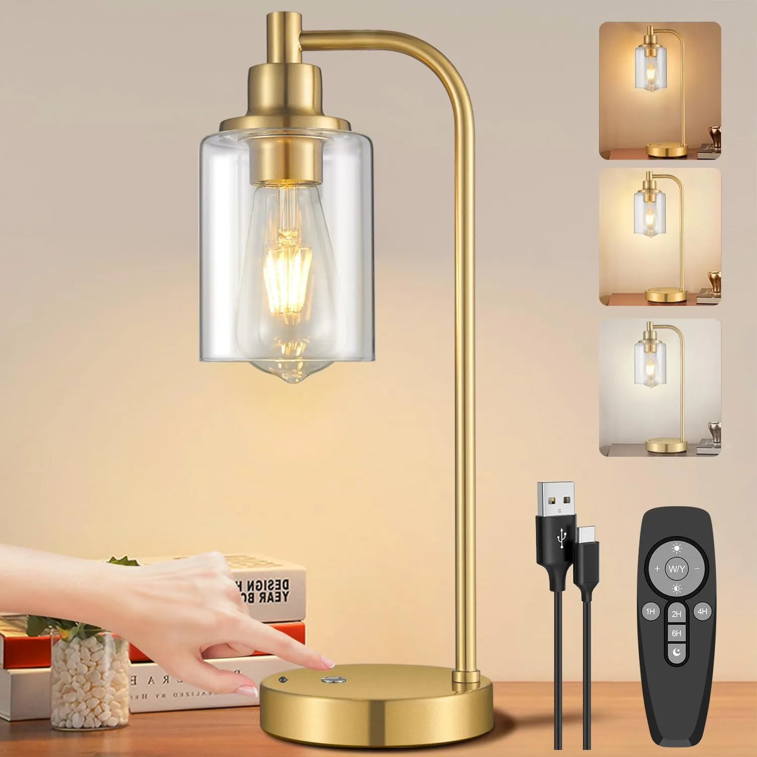 Cordless Table Lamp Rechargeable Gold, 8000mAh Battery Operated Table Lamps with Remote Control, Touch Dimmable Bedside Lamps with Glass Shade, Portable Wireless Lamp for Bedroom, Living Room