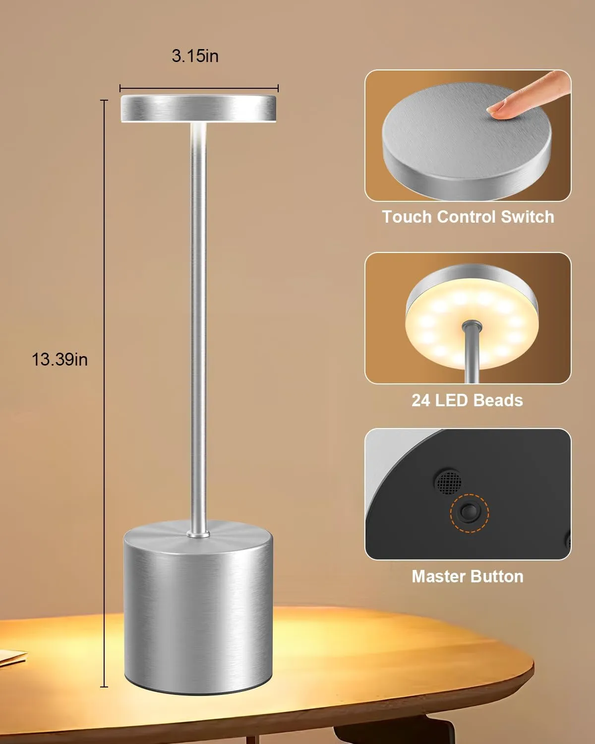 Cordless Table Lamp Set of 2, Rechargeable 5000mAh Battery Powered Outdoor Table Lamps(Silver)