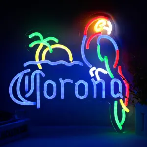 Corona Neon Sign Parrot Neon Lights for Bar Decor, Palm Tree Beer Lights Bar LED Neon Sign Dimmable Light Up Signs Man Cave Home Pub Beer Gift Neon Lamp (Blue)