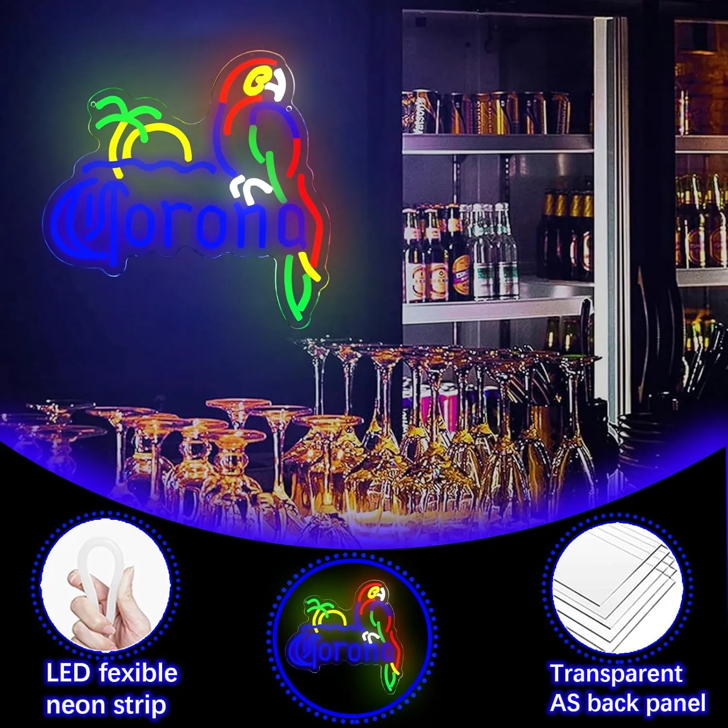Corona Neon Sign Parrot Neon Lights for Bar Decor, Palm Tree Beer Lights Bar LED Neon Sign Dimmable Light Up Signs Man Cave Home Pub Beer Gift Neon Lamp (Blue)